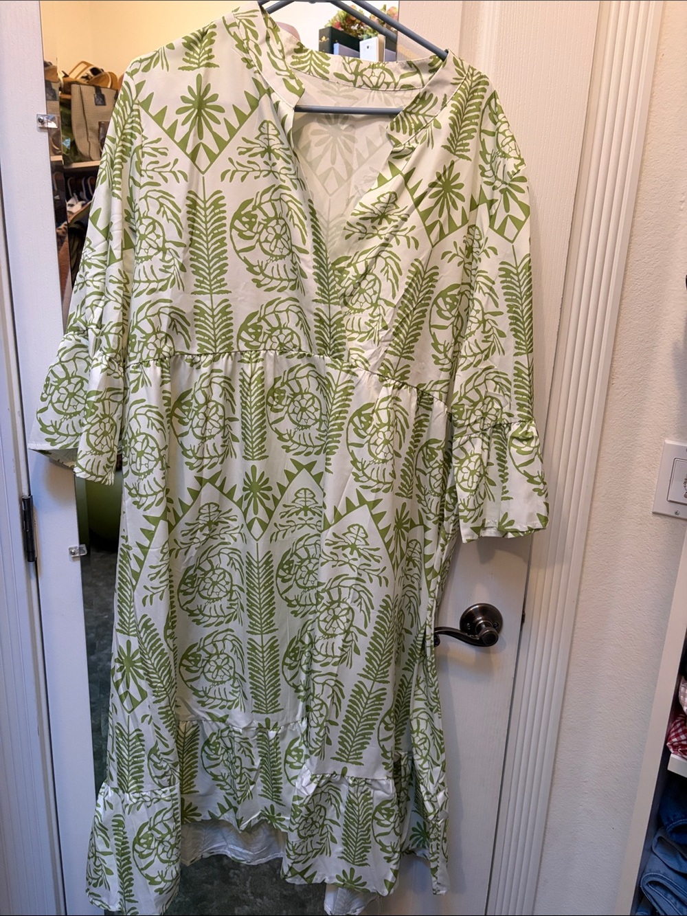 White and Green Printed Tiered Midi Dress